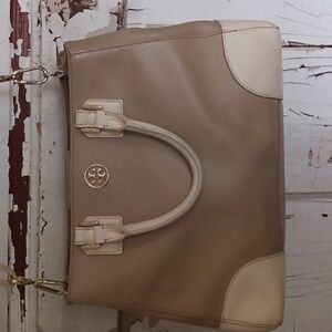 Tory Birch cream and tan handbag.